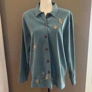 Teddi Women's Long Sleeve Green Button Up Appliqué Embroidered Top, Size Large